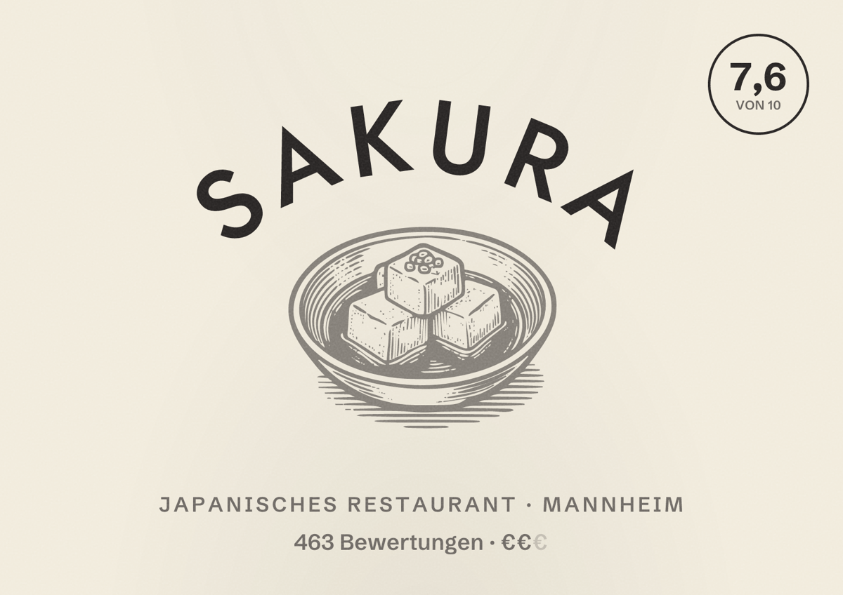 Illustriertes Poster von Sakura, Japanisches Restaurant in Mannheim: Bewertung 7,6 von 10 aus 463 Bewertungen, Preisniveau €€