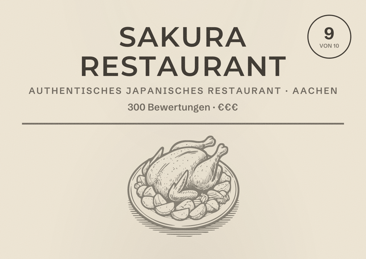 Illustriertes Poster von Sakura Restaurant, Authentisches japanisches Restaurant in Aachen: Bewertung 9,0 von 10 aus 300 Bewertungen, Preisniveau €€€