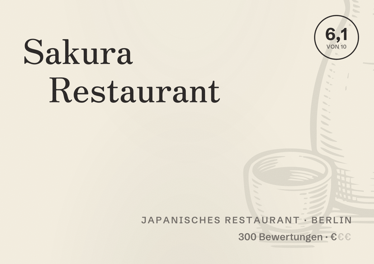 Illustriertes Poster von Sakura Restaurant, Japanisches Restaurant in Berlin: Bewertung 6,1 von 10 aus 300 Bewertungen, Preisniveau €
