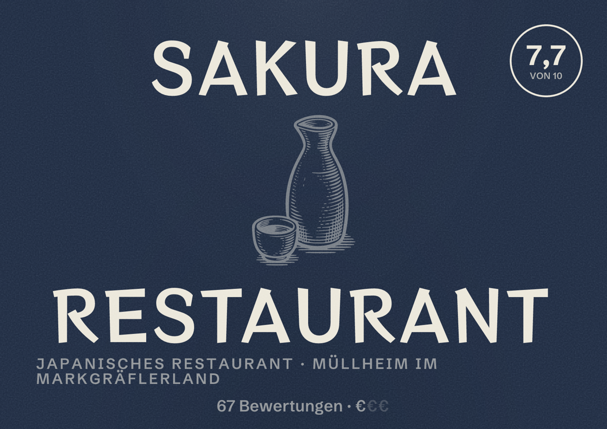 Illustriertes Poster von Sakura Restaurant, Japanisches Restaurant in Müllheim im Markgräflerland: Bewertung 7,7 von 10 aus 67 Bewertungen, Preisniveau €