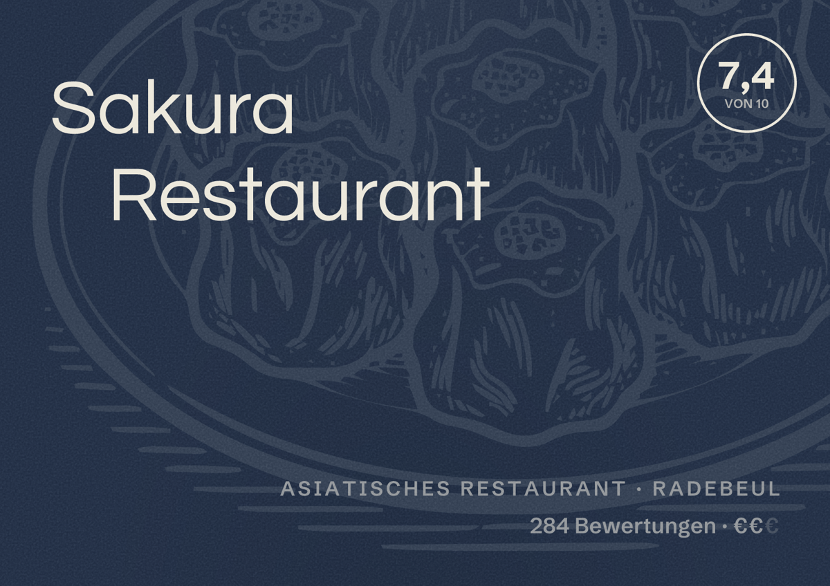 Illustriertes Poster von Sakura Restaurant, Asiatisches Restaurant in Radebeul: Bewertung 7,4 von 10 aus 284 Bewertungen, Preisniveau €€