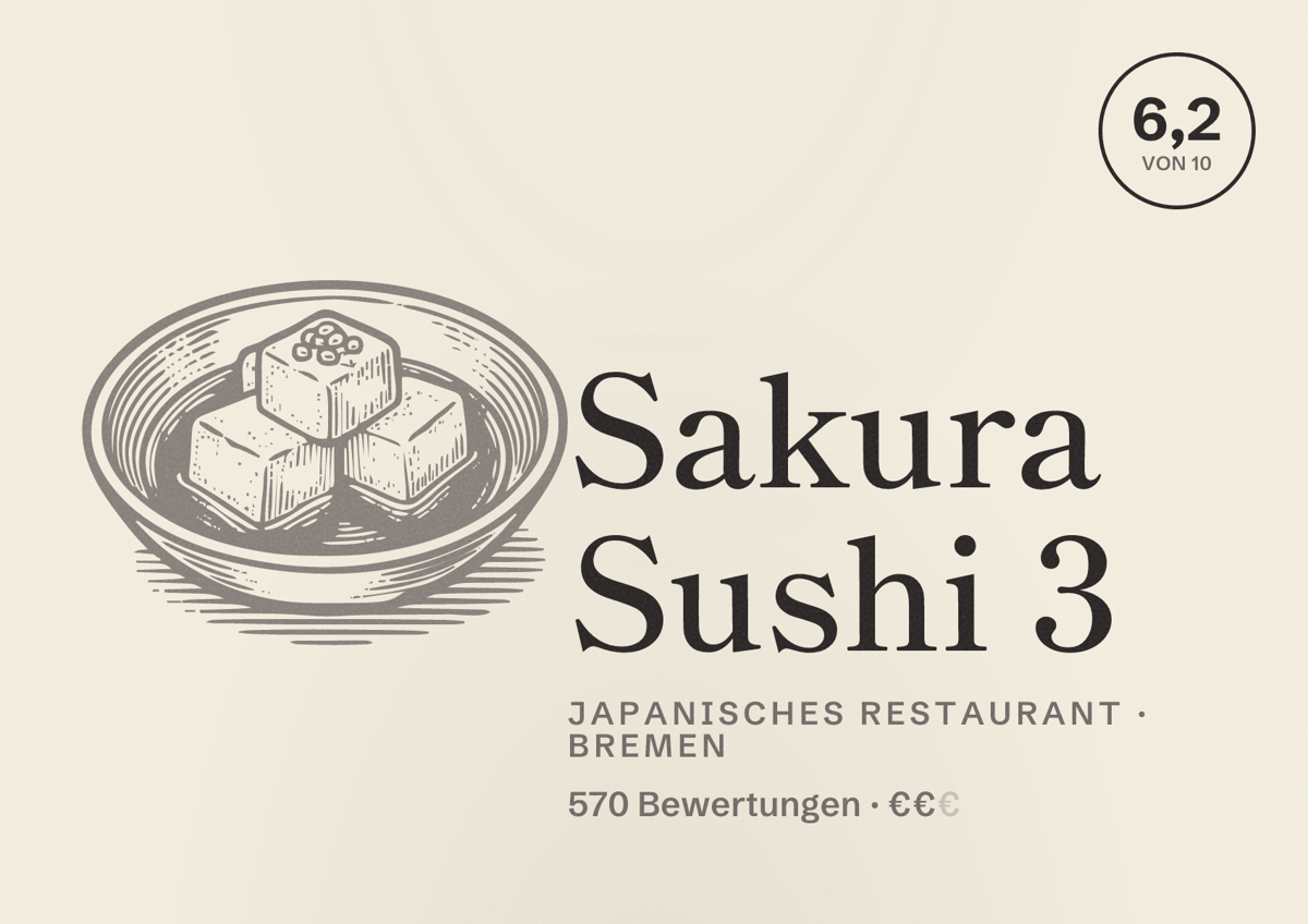 Illustriertes Poster von Sakura Sushi 3, Japanisches Restaurant in Bremen: Bewertung 6,2 von 10 aus 570 Bewertungen, Preisniveau €€