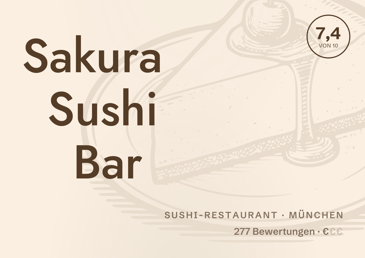 Illustriertes Poster von Sakura Sushi Bar, Sushi-Restaurant in München: Bewertung 7,4 von 10 aus 277 Bewertungen, Preisniveau €