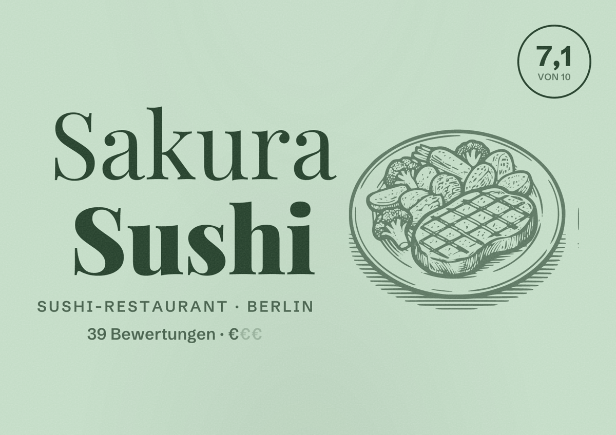 Illustriertes Poster von Sakura Sushi, Sushi-Restaurant in Berlin: Bewertung 7,1 von 10 aus 39 Bewertungen, Preisniveau €