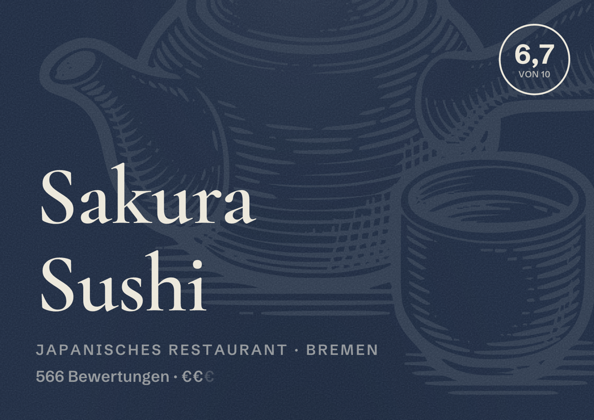 Illustriertes Poster von Sakura Sushi, Japanisches Restaurant in Bremen: Bewertung 6,7 von 10 aus 566 Bewertungen, Preisniveau €€
