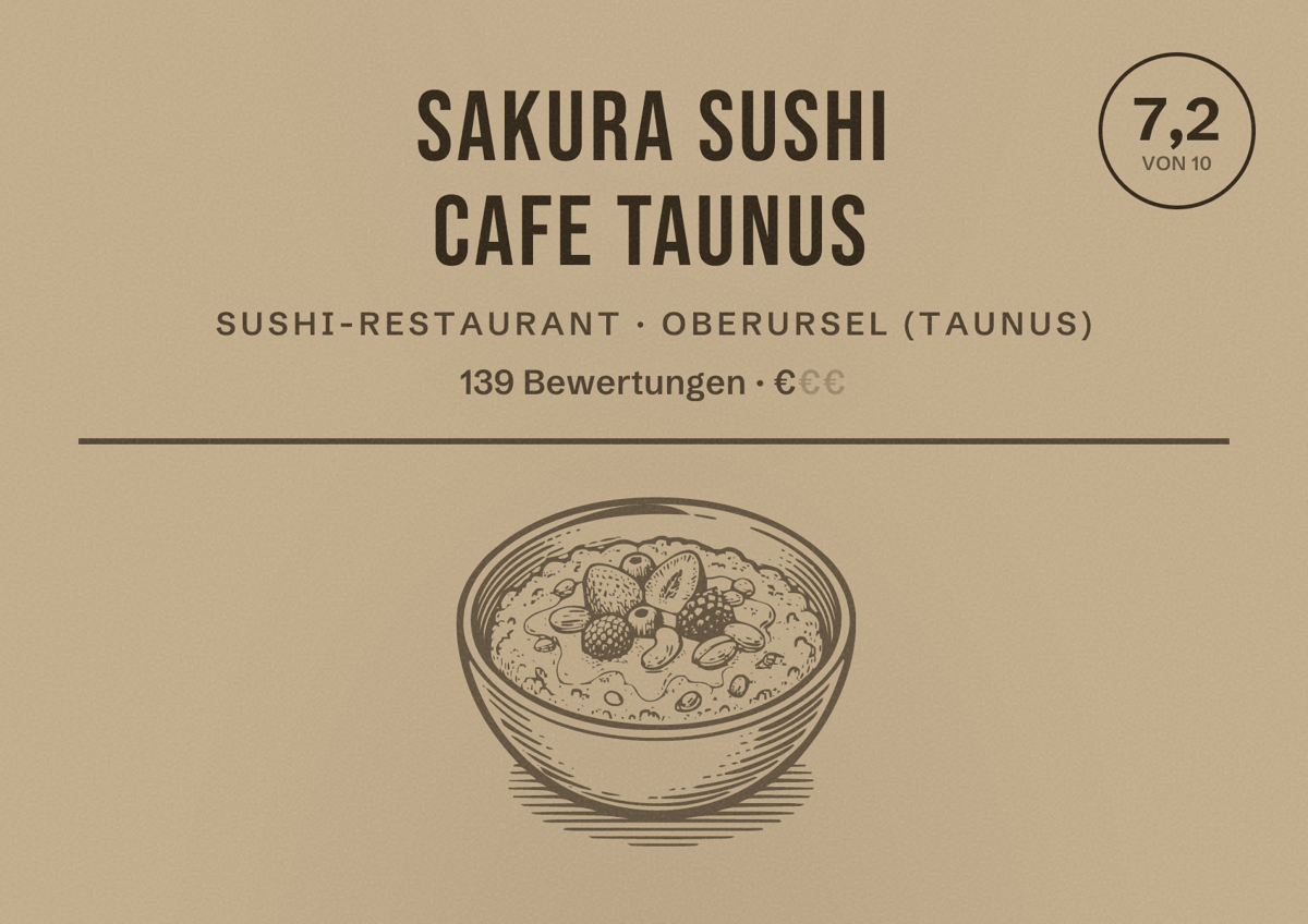 Illustriertes Poster von SAKURA Sushi Cafe Taunus, Sushi-Restaurant in Oberursel (Taunus): Bewertung 7,2 von 10 aus 139 Bewertungen, Preisniveau €