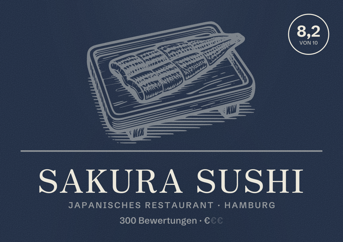 Illustriertes Poster von Sakura Sushi, Japanisches Restaurant in Hamburg: Bewertung 8,2 von 10 aus 300 Bewertungen, Preisniveau €
