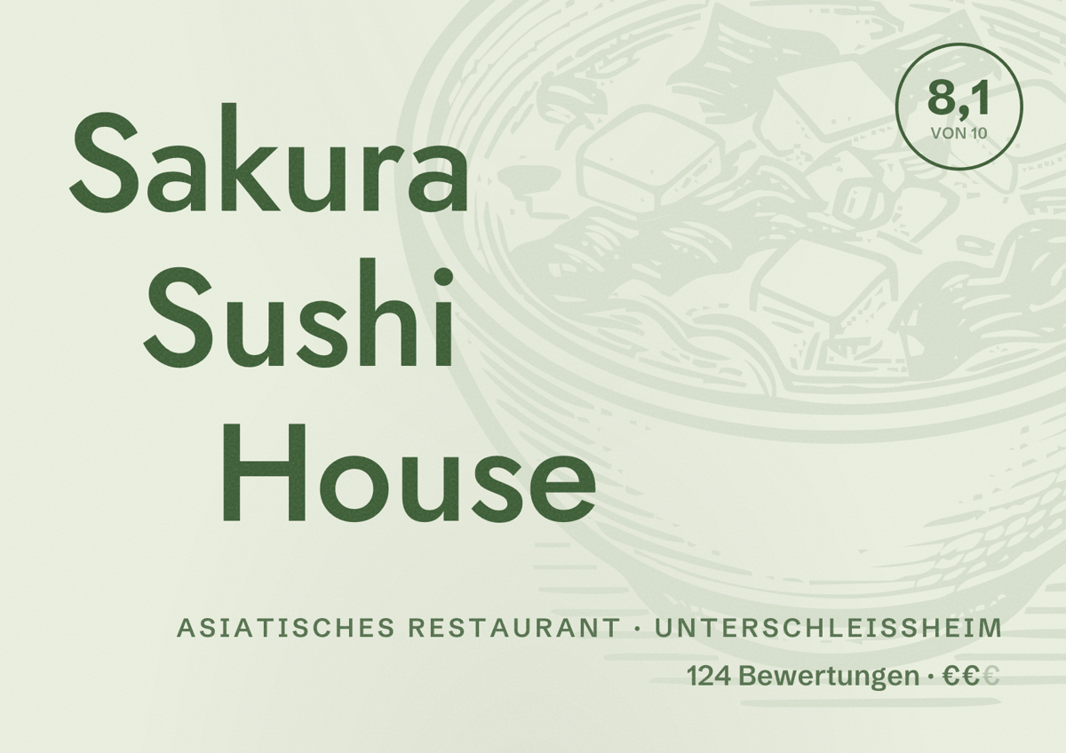Illustriertes Poster von Sakura Sushi House, Asiatisches Restaurant in Unterschleißheim: Bewertung 8,1 von 10 aus 124 Bewertungen, Preisniveau €€