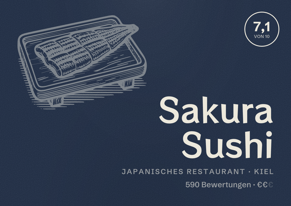 Illustriertes Poster von Sakura Sushi, Japanisches Restaurant in Kiel: Bewertung 7,1 von 10 aus 590 Bewertungen, Preisniveau €€
