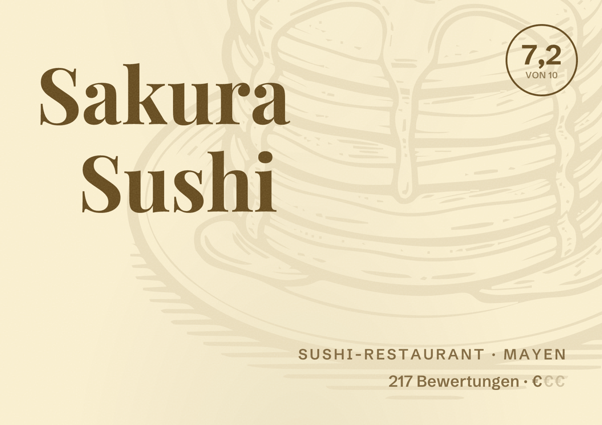Illustriertes Poster von Sakura Sushi, Sushi-Restaurant in Mayen: Bewertung 7,2 von 10 aus 217 Bewertungen, Preisniveau €