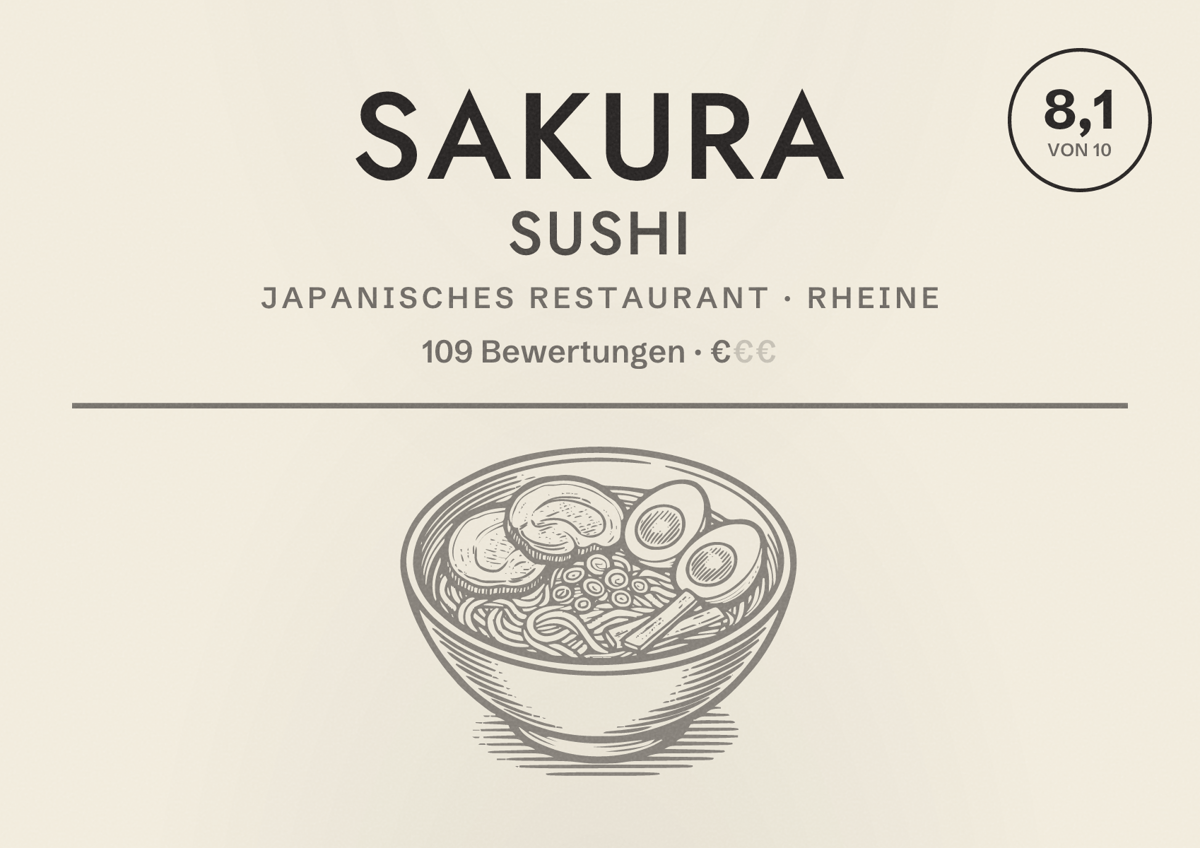 Illustriertes Poster von Sakura Sushi, Japanisches Restaurant in Rheine: Bewertung 8,1 von 10 aus 109 Bewertungen, Preisniveau €