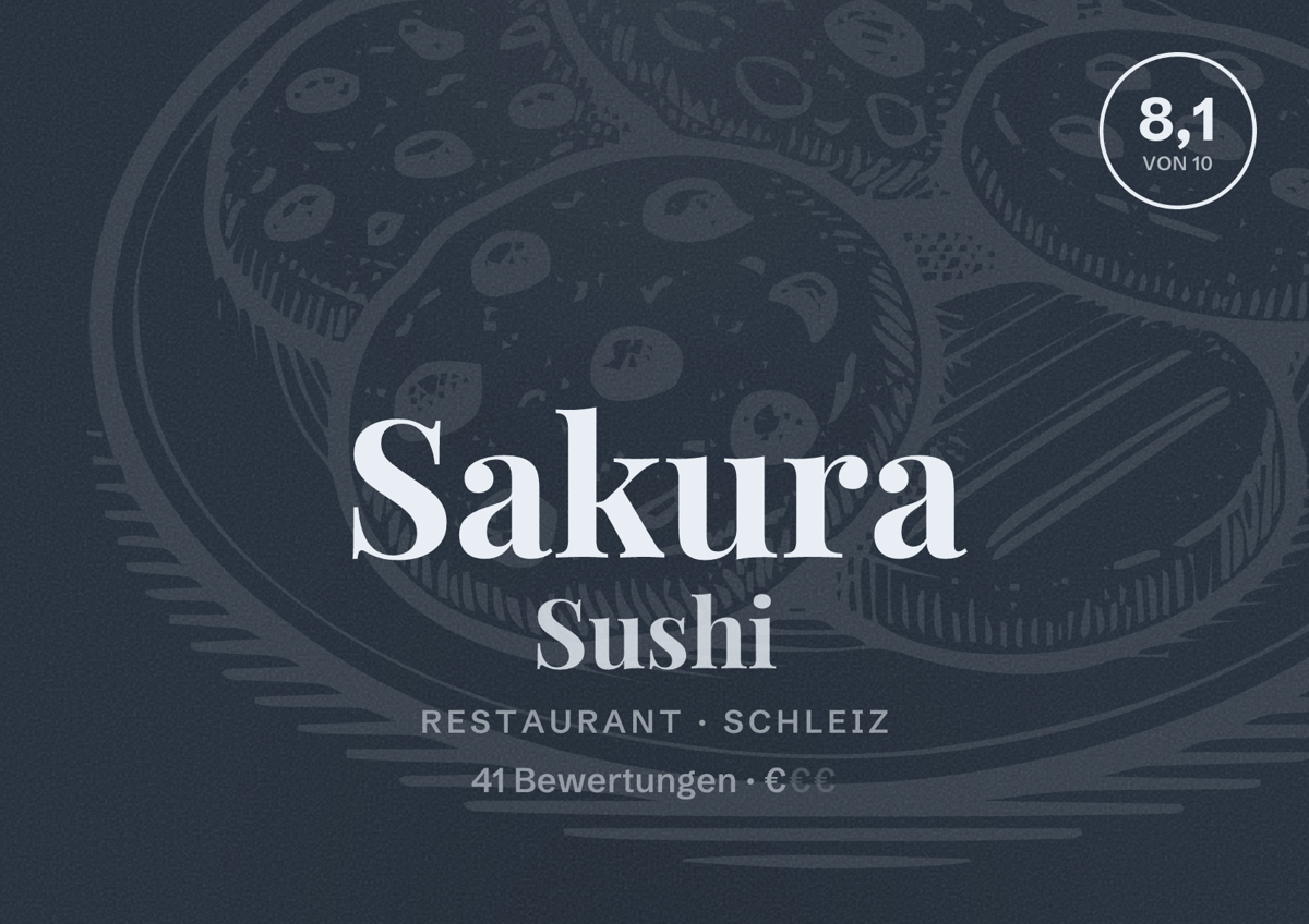 Illustriertes Poster von Sakura Sushi, Restaurant in Schleiz: Bewertung 8,1 von 10 aus 41 Bewertungen, Preisniveau €
