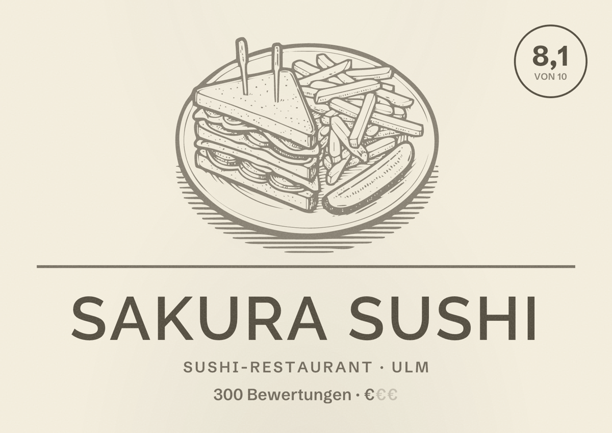 Illustriertes Poster von Sakura Sushi, Sushi-Restaurant in Ulm: Bewertung 8,1 von 10 aus 300 Bewertungen, Preisniveau €