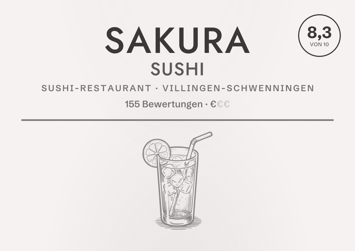 Illustriertes Poster von Sakura Sushi, Sushi-Restaurant in Villingen-Schwenningen: Bewertung 8,3 von 10 aus 155 Bewertungen, Preisniveau €