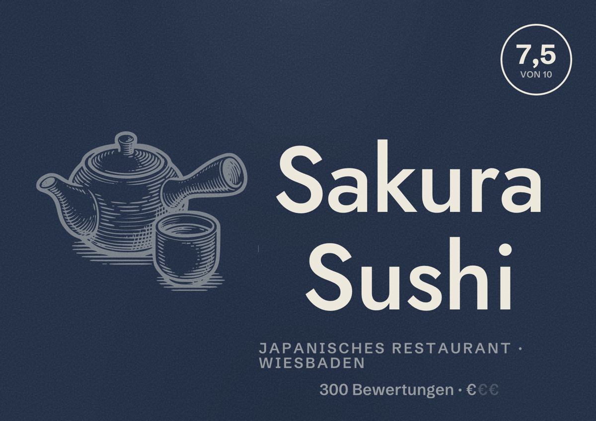 Illustriertes Poster von Sakura Sushi, Japanisches Restaurant in Wiesbaden: Bewertung 7,5 von 10 aus 300 Bewertungen, Preisniveau €