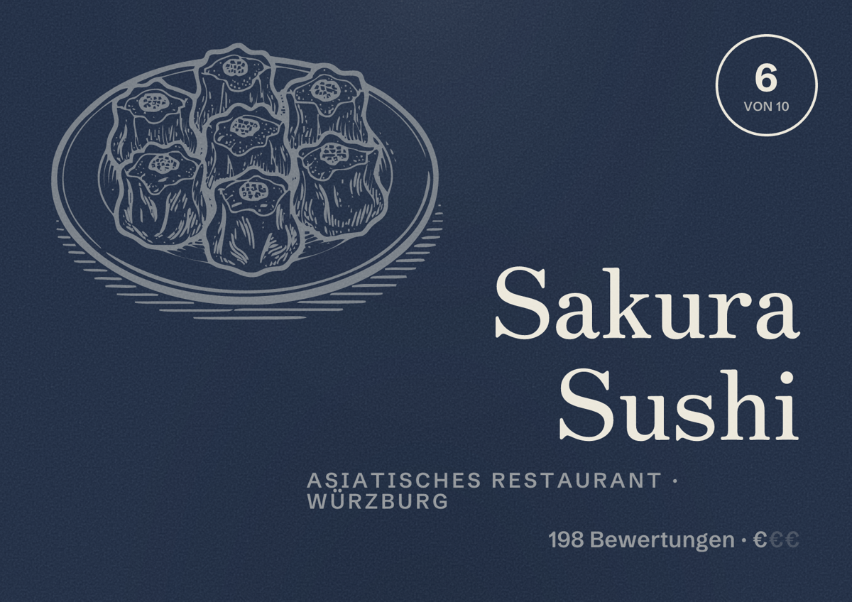 Illustriertes Poster von Sakura Sushi, Asiatisches Restaurant in Würzburg: Bewertung 6 von 10 aus 198 Bewertungen, Preisniveau €