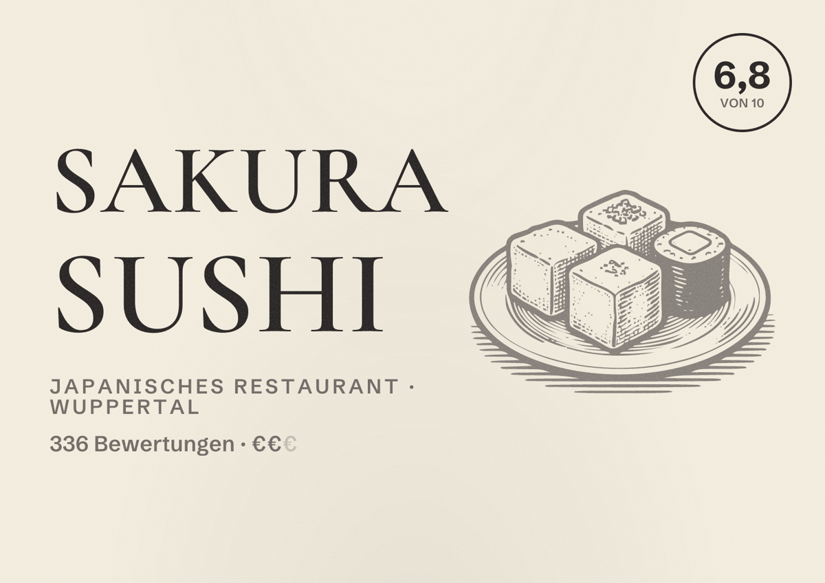 Illustriertes Poster von Sakura Sushi, Japanisches Restaurant in Wuppertal: Bewertung 6,8 von 10 aus 336 Bewertungen, Preisniveau €€