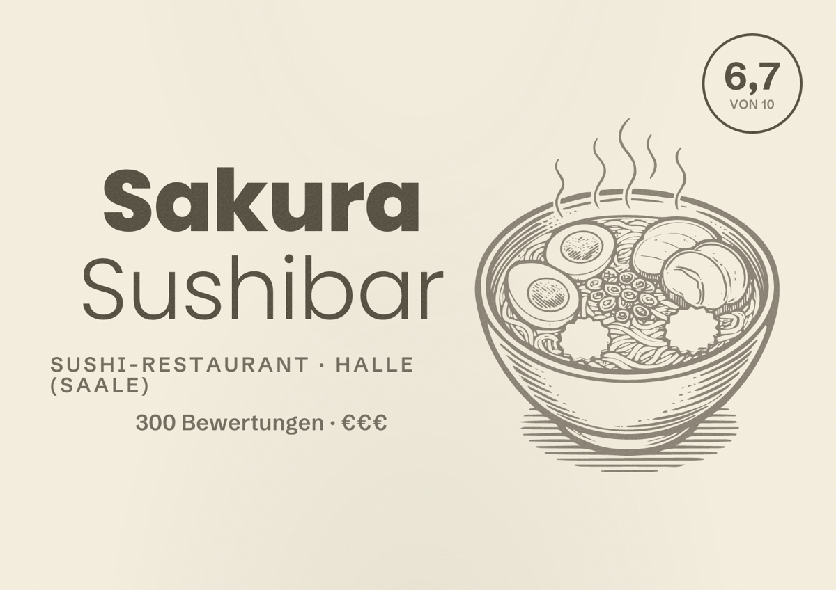 Illustriertes Poster von Sakura Sushibar, Sushi-Restaurant in Halle (Saale): Bewertung 6,7 von 10 aus 300 Bewertungen, Preisniveau €€€