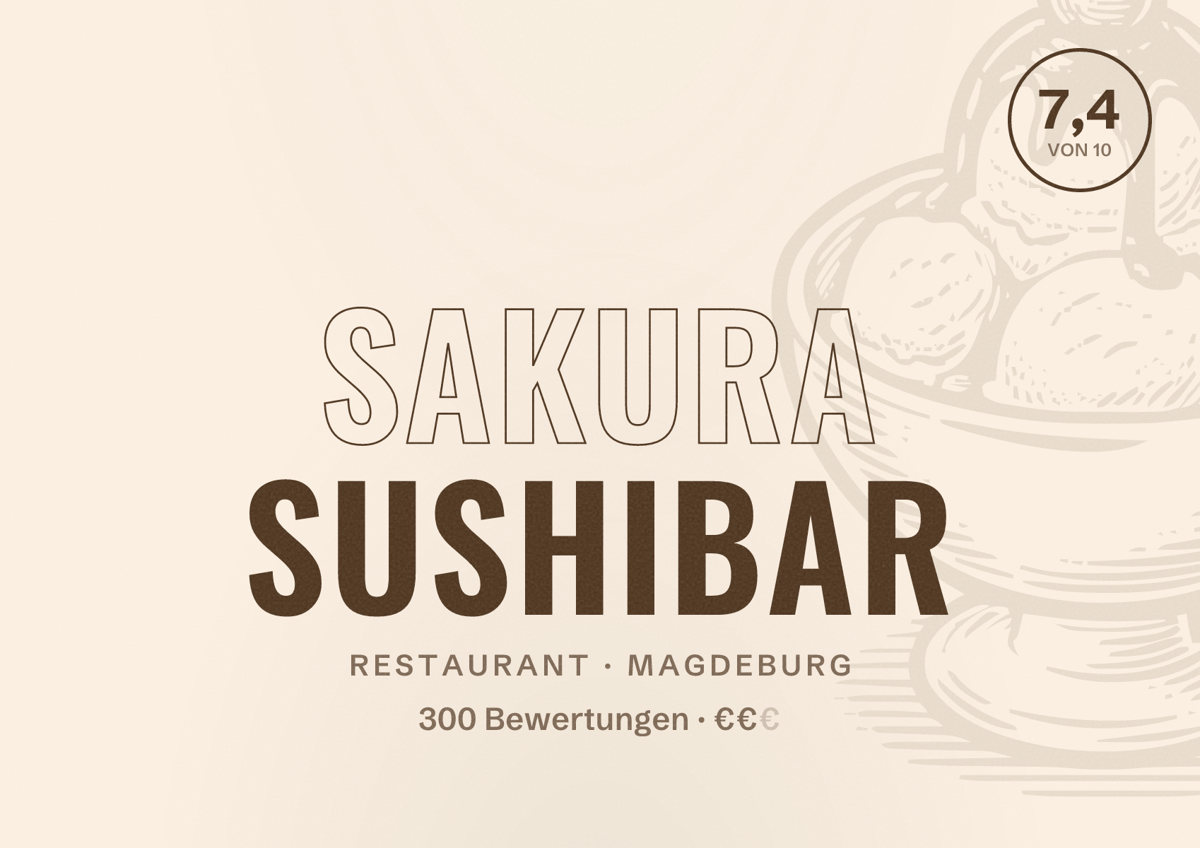 Illustriertes Poster von Sakura Sushibar, Restaurant in Magdeburg: Bewertung 7,4 von 10 aus 300 Bewertungen, Preisniveau €€