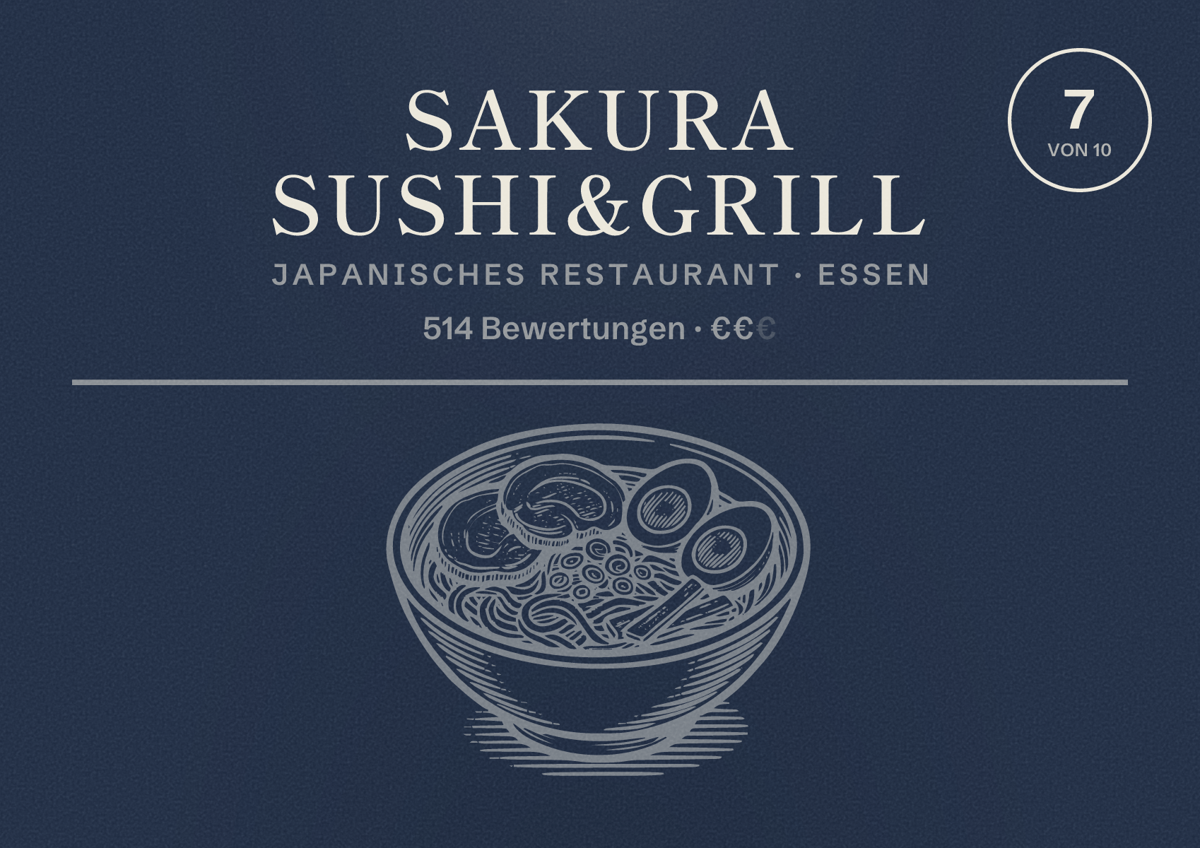 Illustriertes Poster von Sakura Sushi&Grill, Japanisches Restaurant in Essen: Bewertung 7 von 10 aus 514 Bewertungen, Preisniveau €€
