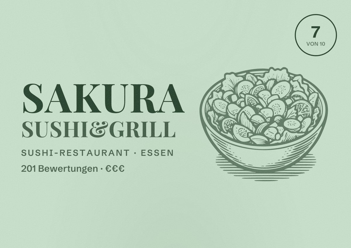 Illustriertes Poster von Sakura Sushi&Grill, Sushi-Restaurant in Essen: Bewertung 7 von 10 aus 201 Bewertungen, Preisniveau €€€