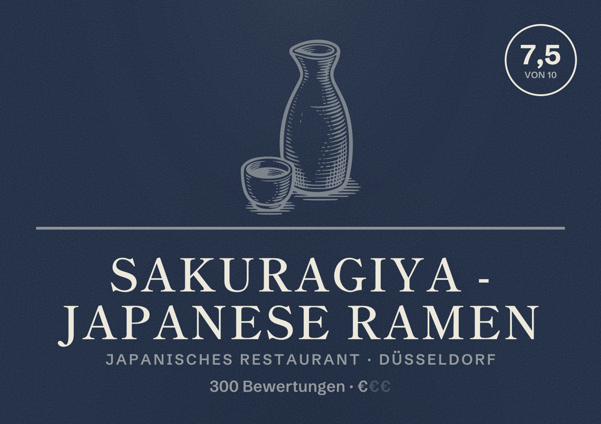 Illustriertes Poster von Sakuragiya - Japanese Ramen, Japanisches Restaurant in Düsseldorf: Bewertung 7,5 von 10 aus 300 Bewertungen, Preisniveau €
