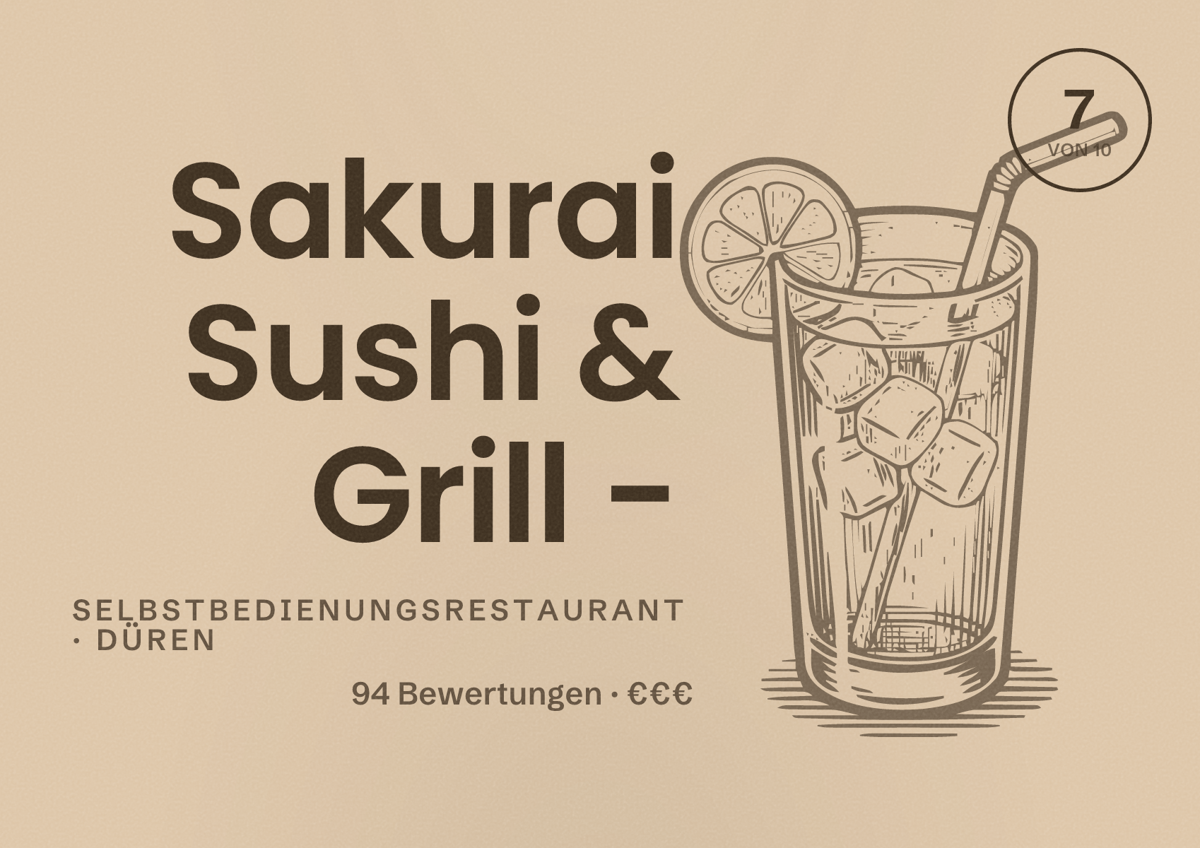 Illustriertes Poster von Sakurai Sushi & Grill -, Selbstbedienungsrestaurant in Düren: Bewertung 7 von 10 aus 94 Bewertungen, Preisniveau €€€