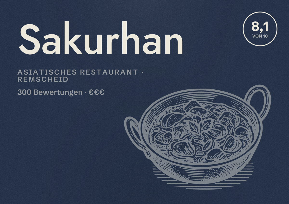 Illustriertes Poster von Sakurhan, Asiatisches Restaurant in Remscheid: Bewertung 8,1 von 10 aus 300 Bewertungen, Preisniveau €€€