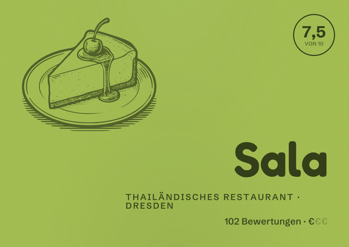 Illustriertes Poster von Sala, Thailändisches Restaurant in Dresden: Bewertung 7,5 von 10 aus 102 Bewertungen, Preisniveau €