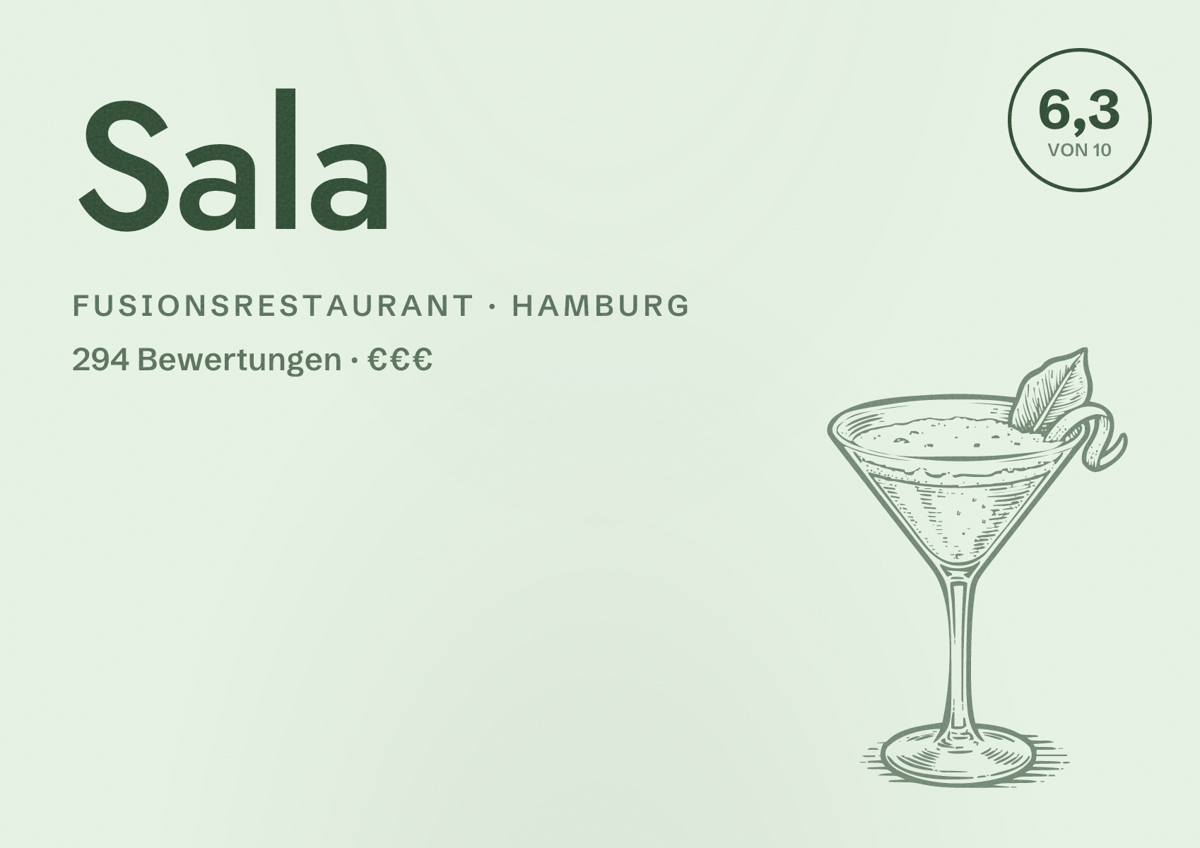 Illustriertes Poster von Sala, Fusionsrestaurant in Hamburg: Bewertung 6,3 von 10 aus 294 Bewertungen, Preisniveau €€€