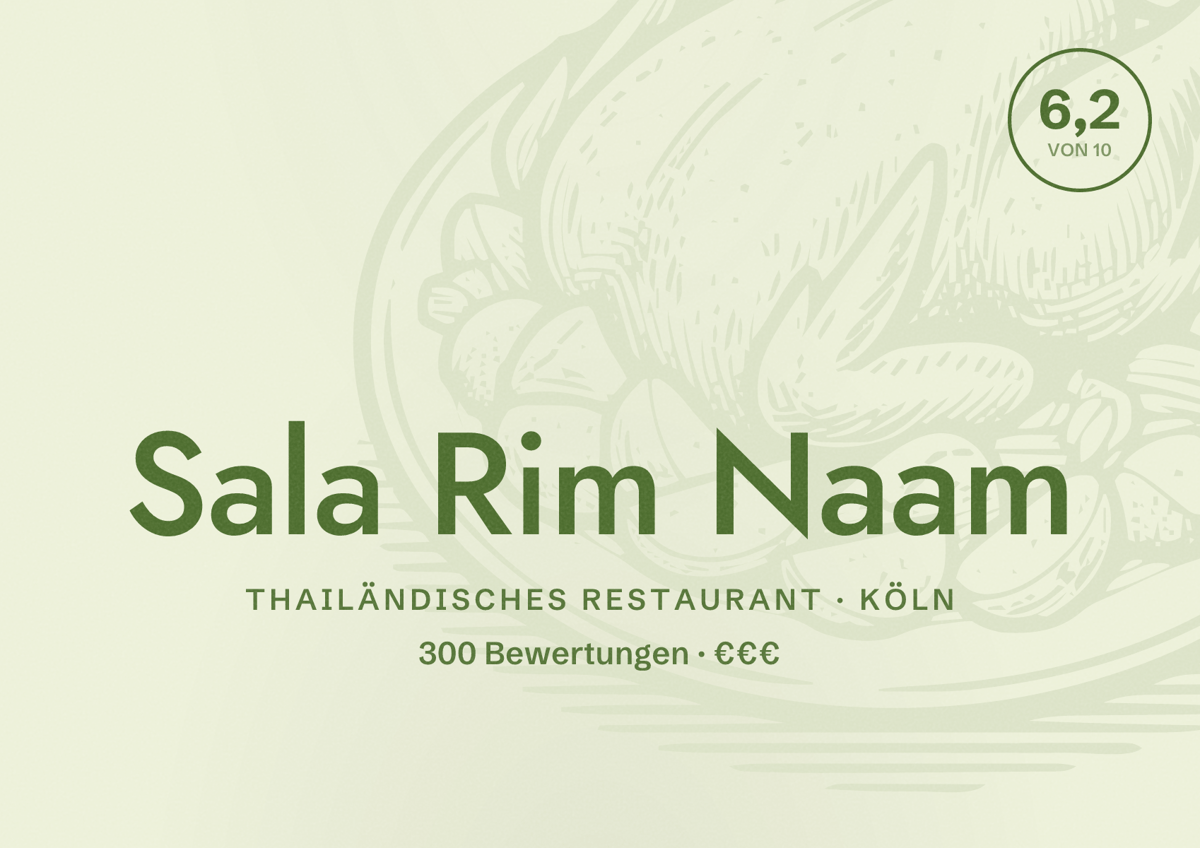 Illustriertes Poster von Sala Rim Naam, Thailändisches Restaurant in Köln: Bewertung 6,2 von 10 aus 300 Bewertungen, Preisniveau €€€