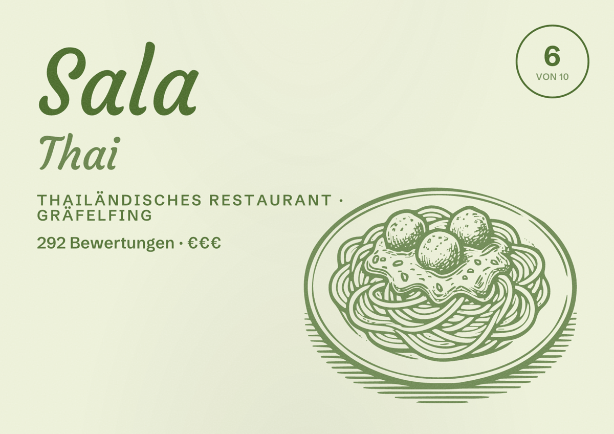 Illustriertes Poster von Sala Thai, Thailändisches Restaurant in Gräfelfing: Bewertung 6 von 10 aus 292 Bewertungen, Preisniveau €€€
