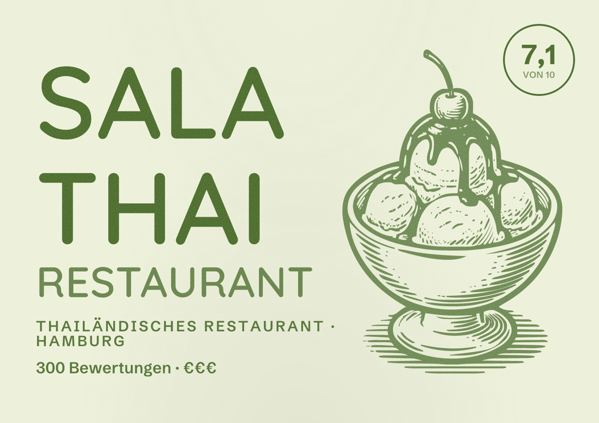 Illustriertes Poster von Sala Thai Restaurant, Thailändisches Restaurant in Hamburg: Bewertung 7,1 von 10 aus 300 Bewertungen, Preisniveau €€€
