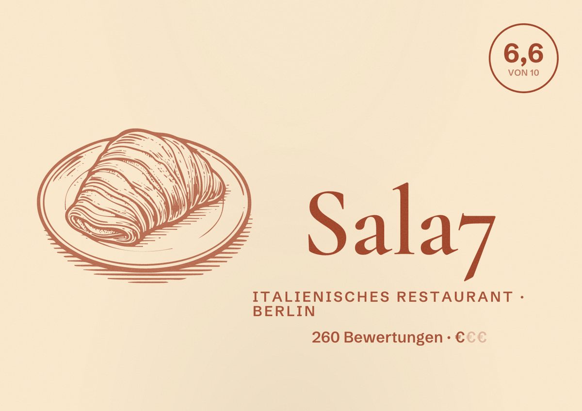 Illustriertes Poster von Sala7, Italienisches Restaurant in Berlin: Bewertung 6,6 von 10 aus 260 Bewertungen, Preisniveau €