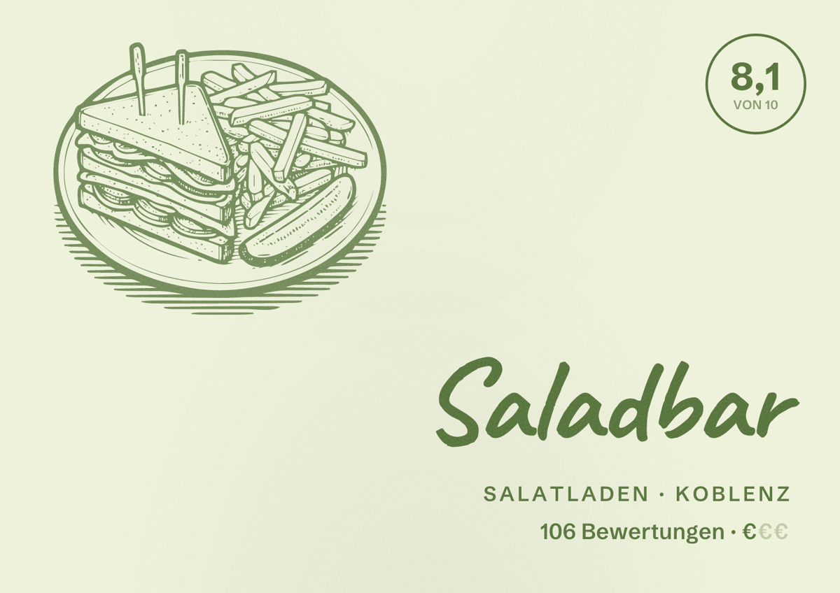 Illustriertes Poster von Saladbar, Salatladen in Koblenz: Bewertung 8,1 von 10 aus 106 Bewertungen, Preisniveau €