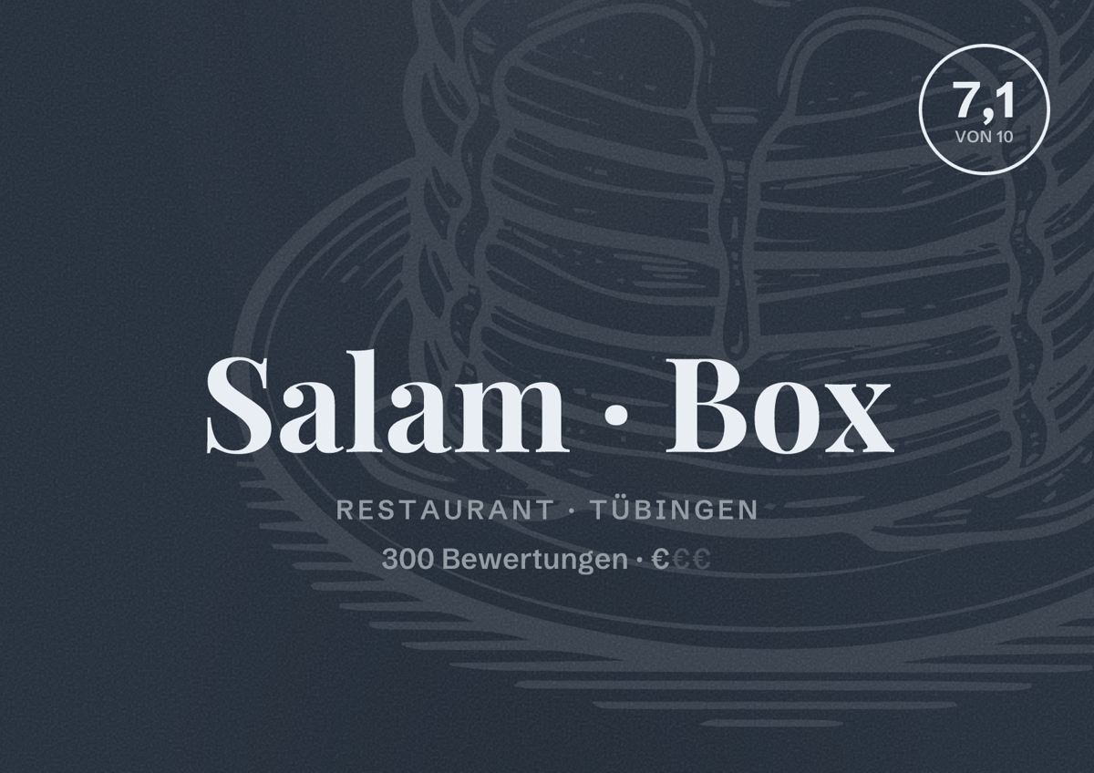 Illustriertes Poster von Salam Box, Restaurant in Tübingen: Bewertung 7,1 von 10 aus 300 Bewertungen, Preisniveau €
