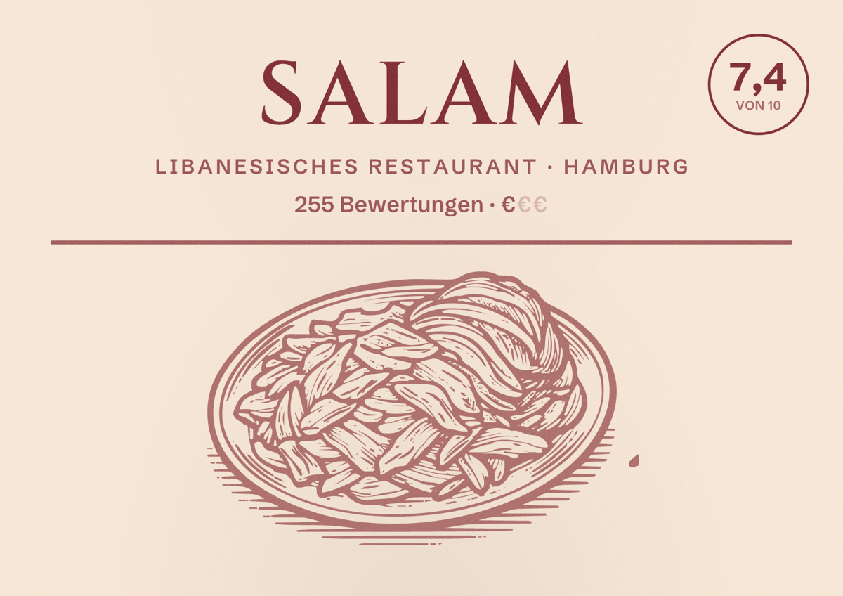 Illustriertes Poster von Salam, Libanesisches Restaurant in Hamburg: Bewertung 7,4 von 10 aus 255 Bewertungen, Preisniveau €