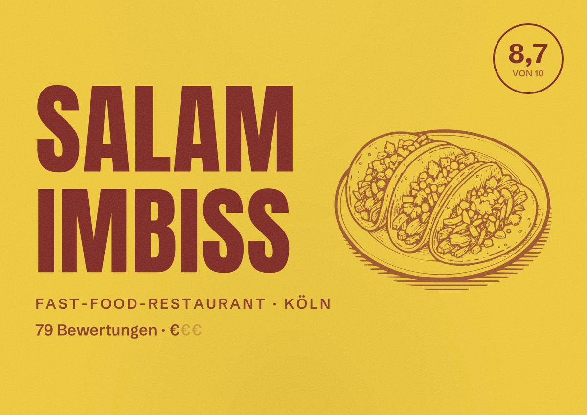 Illustriertes Poster von Salam imbiss, Fast-Food-Restaurant in Köln: Bewertung 8,7 von 10 aus 79 Bewertungen, Preisniveau €
