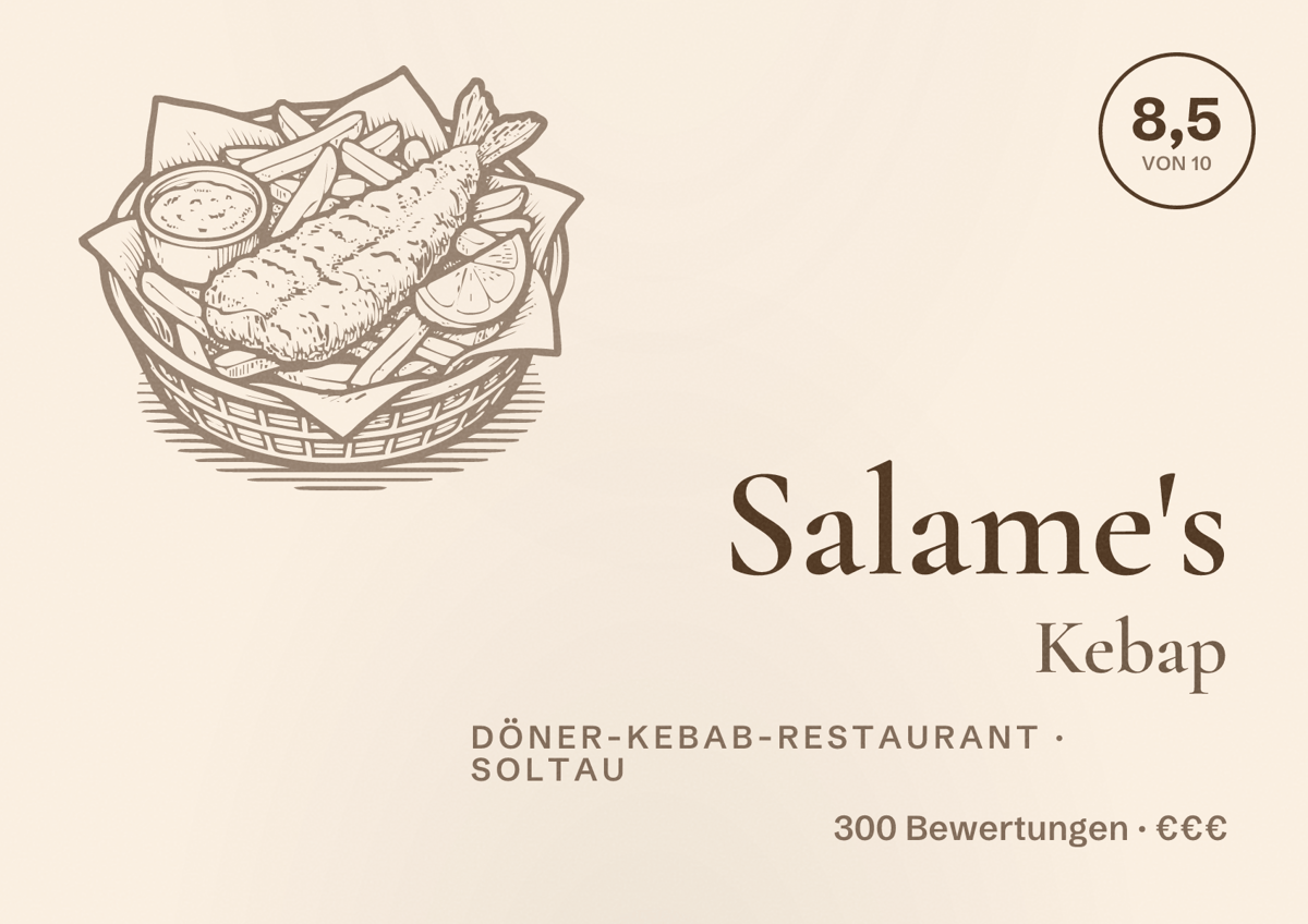 Illustriertes Poster von Salame's Kebap, Döner-Kebab-Restaurant in Soltau: Bewertung 8,5 von 10 aus 300 Bewertungen, Preisniveau €€€
