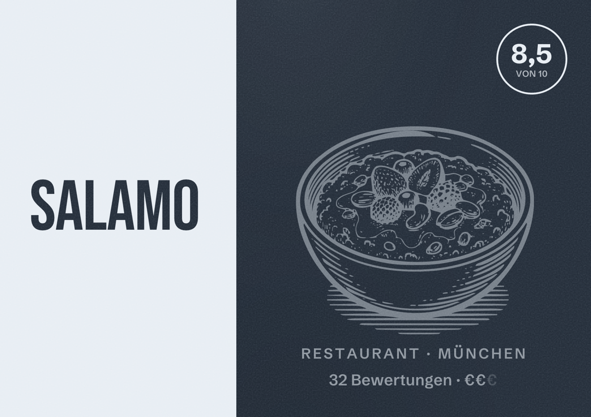 Illustriertes Poster von Salamo, Restaurant in München: Bewertung 8,5 von 10 aus 32 Bewertungen, Preisniveau €€