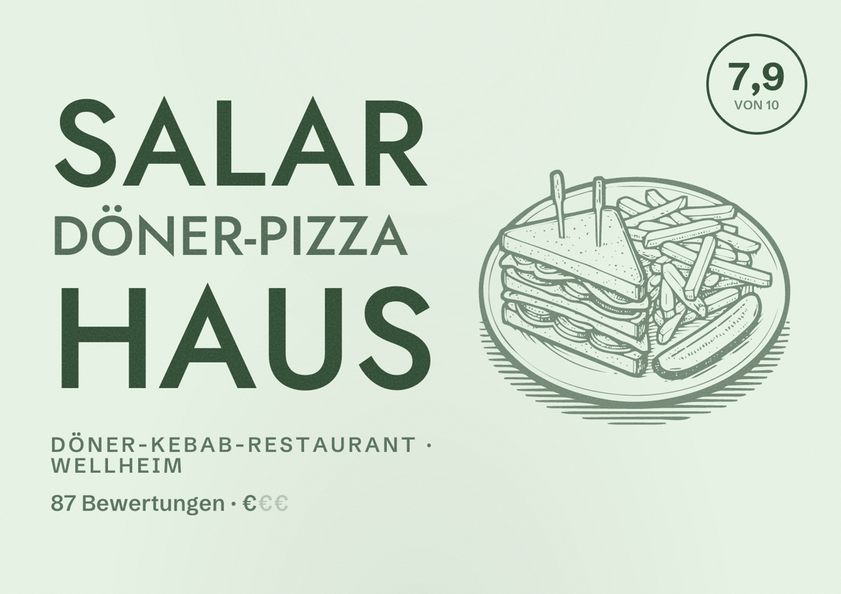 Illustriertes Poster von Salar Döner-Pizza Haus, Döner-Kebab-Restaurant in Wellheim: Bewertung 7,9 von 10 aus 87 Bewertungen, Preisniveau €