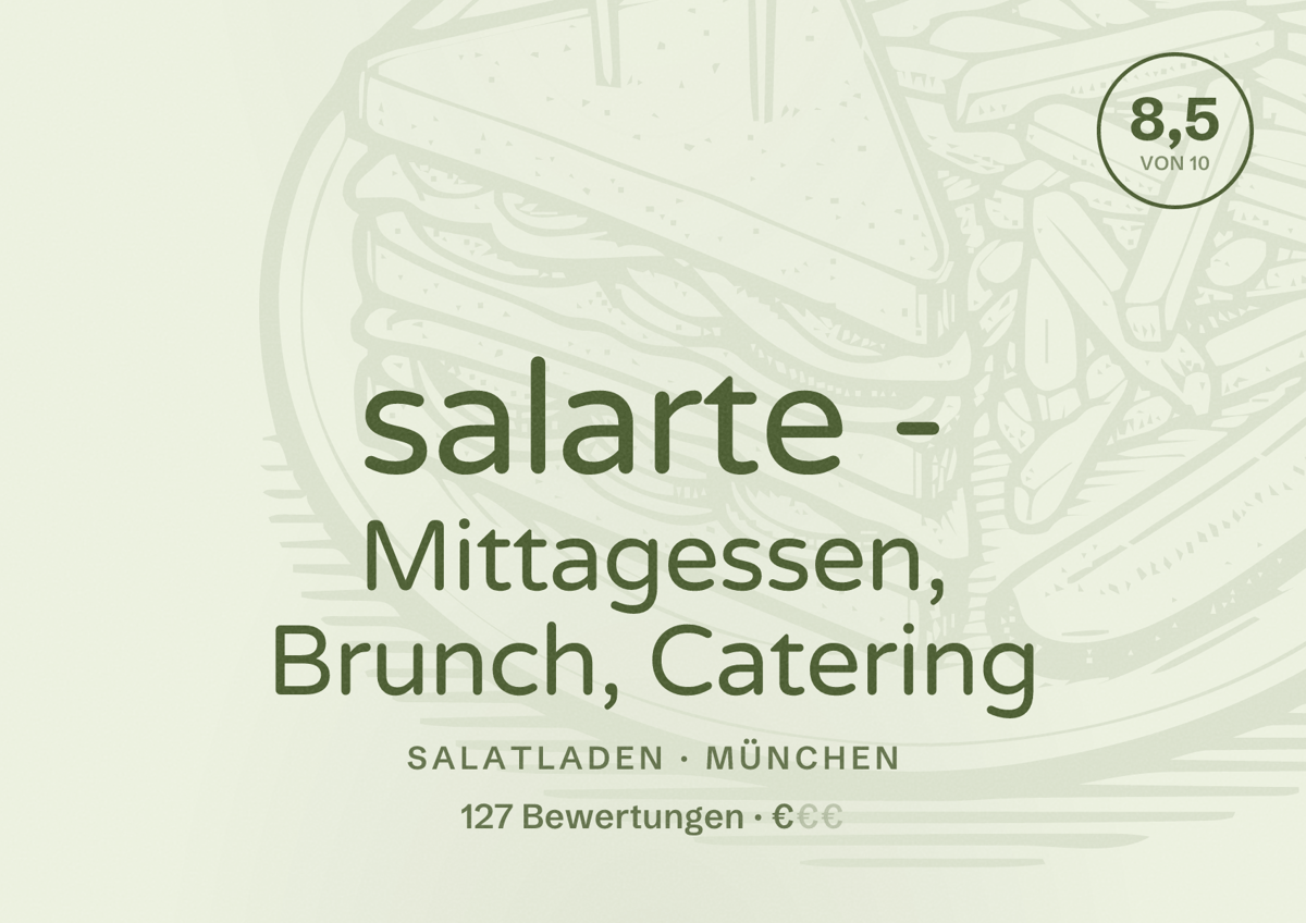 Illustriertes Poster von salarte - Mittagessen, Brunch, Catering, Salatladen in München: Bewertung 8,5 von 10 aus 127 Bewertungen, Preisniveau €