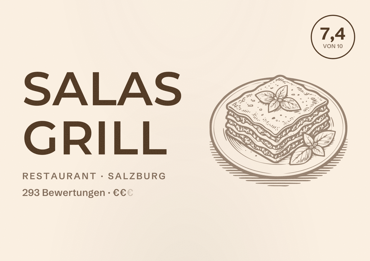 Illustriertes Poster von Salas Grill, Restaurant in Salzburg: Bewertung 7,4 von 10 aus 293 Bewertungen, Preisniveau €€