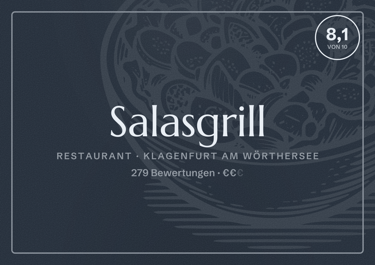 Illustriertes Poster von Salasgrill, Restaurant in Klagenfurt am Wörthersee: Bewertung 8,1 von 10 aus 279 Bewertungen, Preisniveau €€