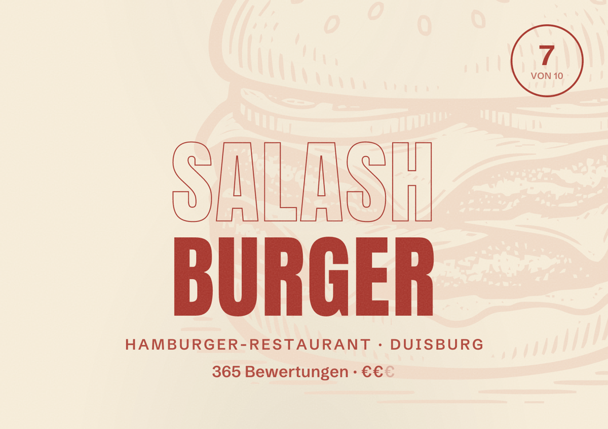 Illustriertes Poster von Salash Burger, Hamburger-Restaurant in Duisburg: Bewertung 7 von 10 aus 365 Bewertungen, Preisniveau €€