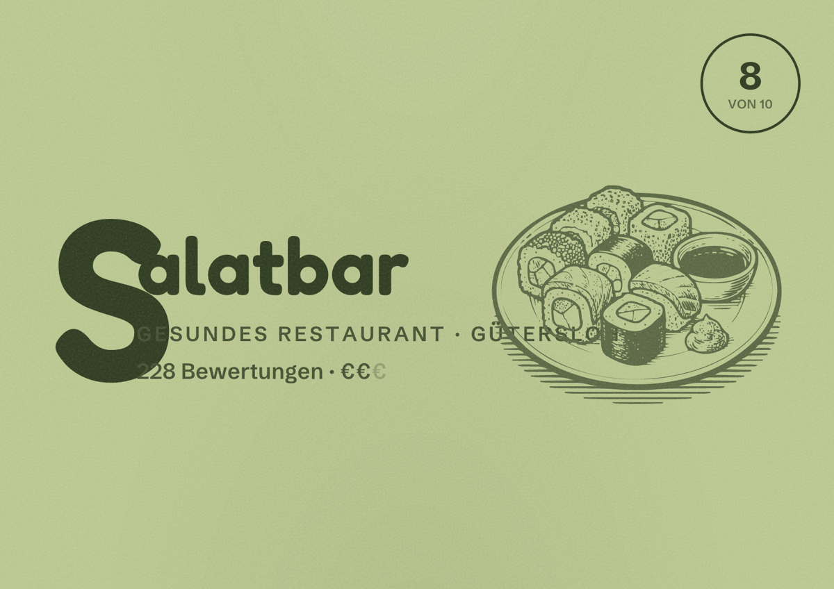 Illustriertes Poster von Salatbar, Gesundes Restaurant in Gütersloh: Bewertung 8 von 10 aus 228 Bewertungen, Preisniveau €€