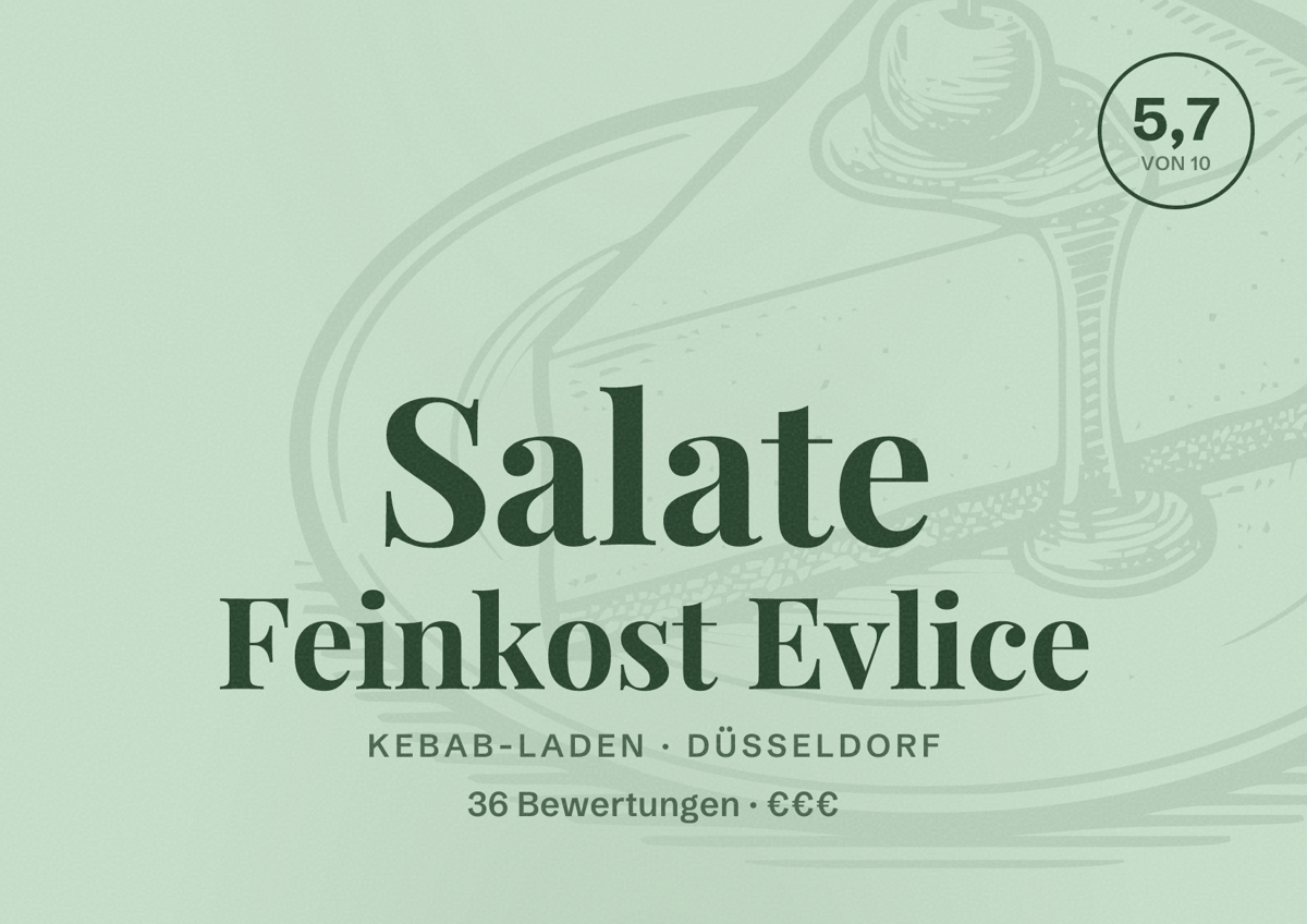 Illustriertes Poster von Salate Feinkost Evlice, Kebab-Laden in Düsseldorf: Bewertung 5,7 von 10 aus 36 Bewertungen, Preisniveau €€€