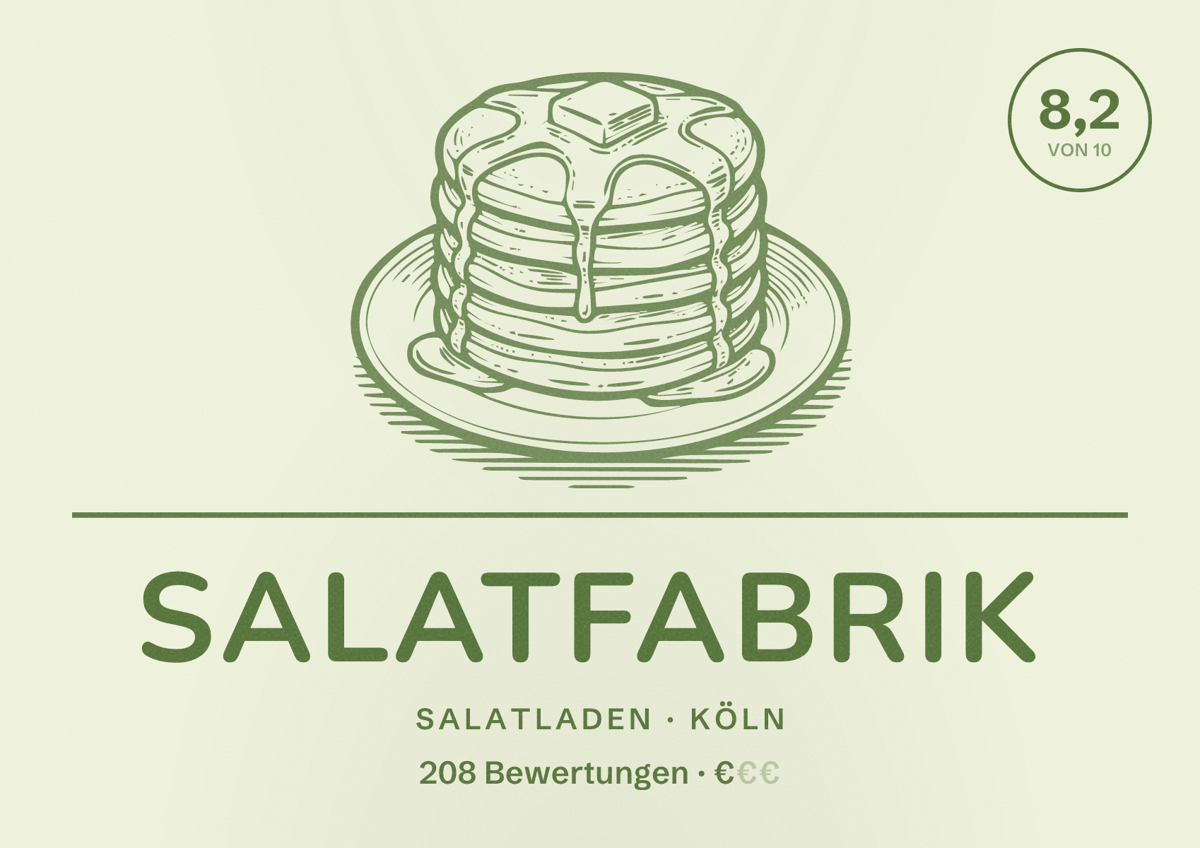 Illustriertes Poster von Salatfabrik, Salatladen in Köln: Bewertung 8,2 von 10 aus 208 Bewertungen, Preisniveau €