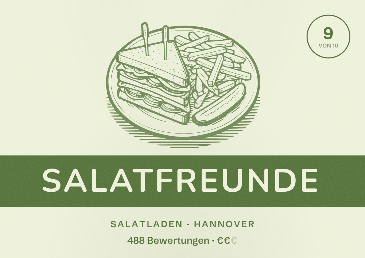Illustriertes Poster von Salatfreunde, Salatladen in Hannover: Gästebewertung 9,0 von 10 aus 488 Bewertungen