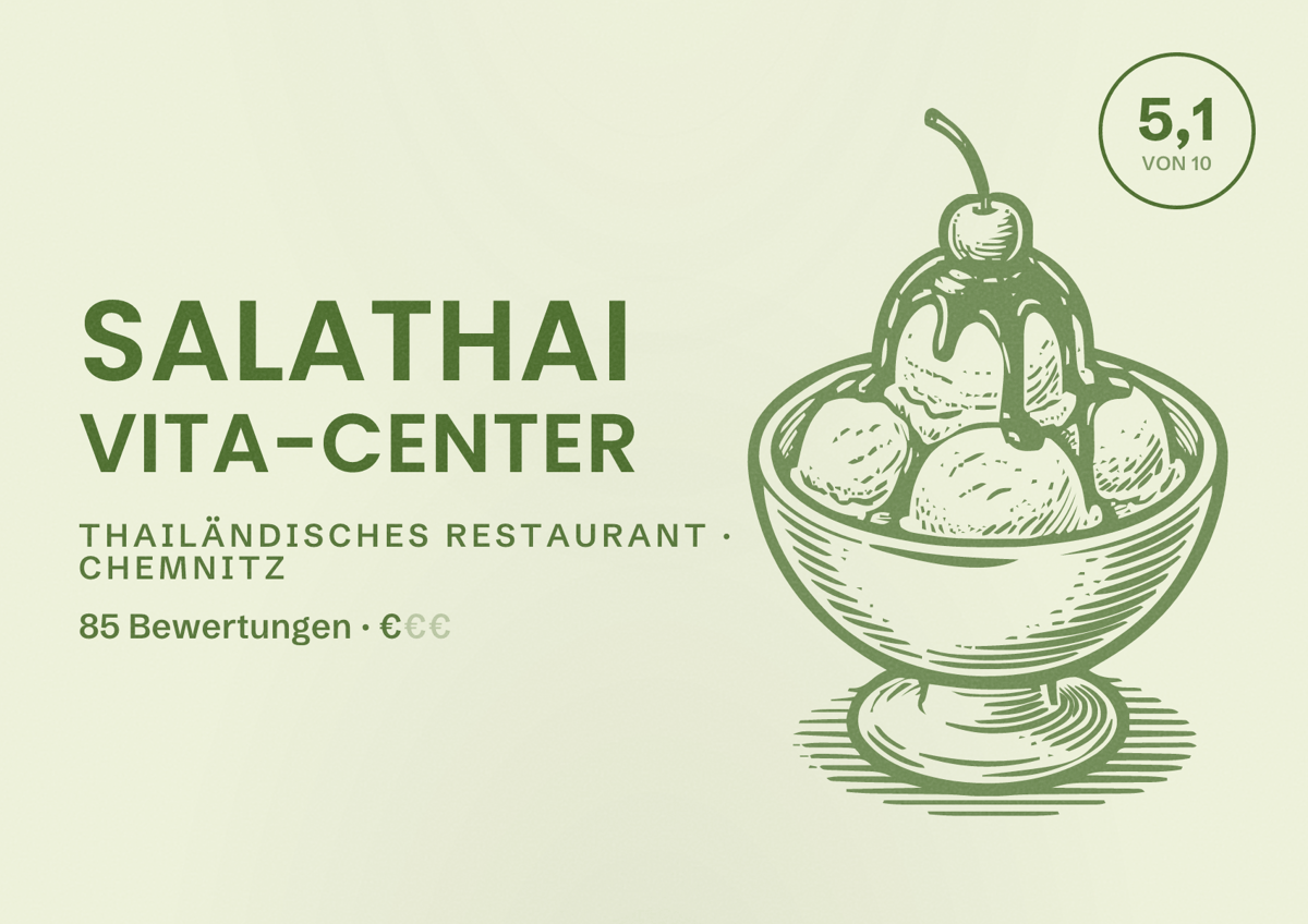 Illustriertes Poster von Salathai Vita-Center, Thailändisches Restaurant in Chemnitz: Bewertung 5,1 von 10 aus 85 Bewertungen, Preisniveau €
